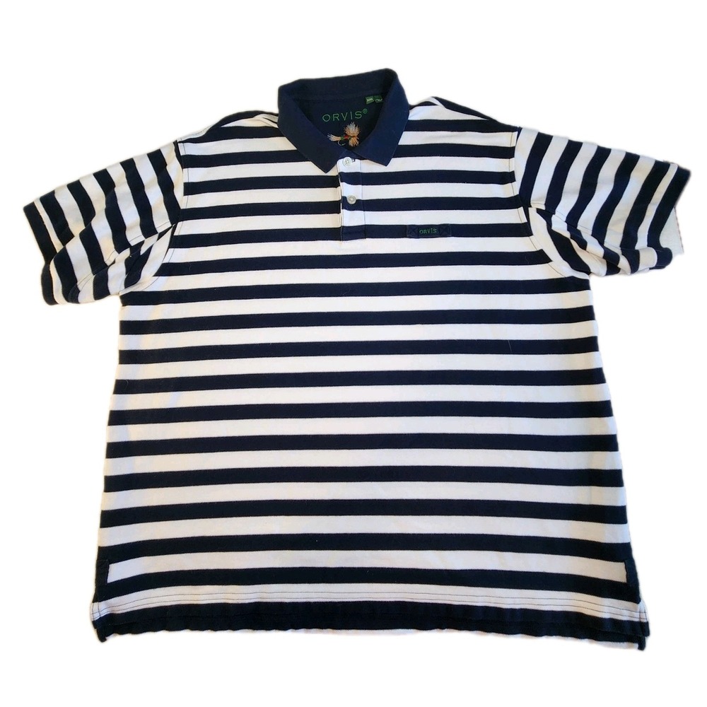 ORVIS Polo Shirt Mens XXL 2X Navy Blue White Stripe‎ Cotton Fly Fishing Thick